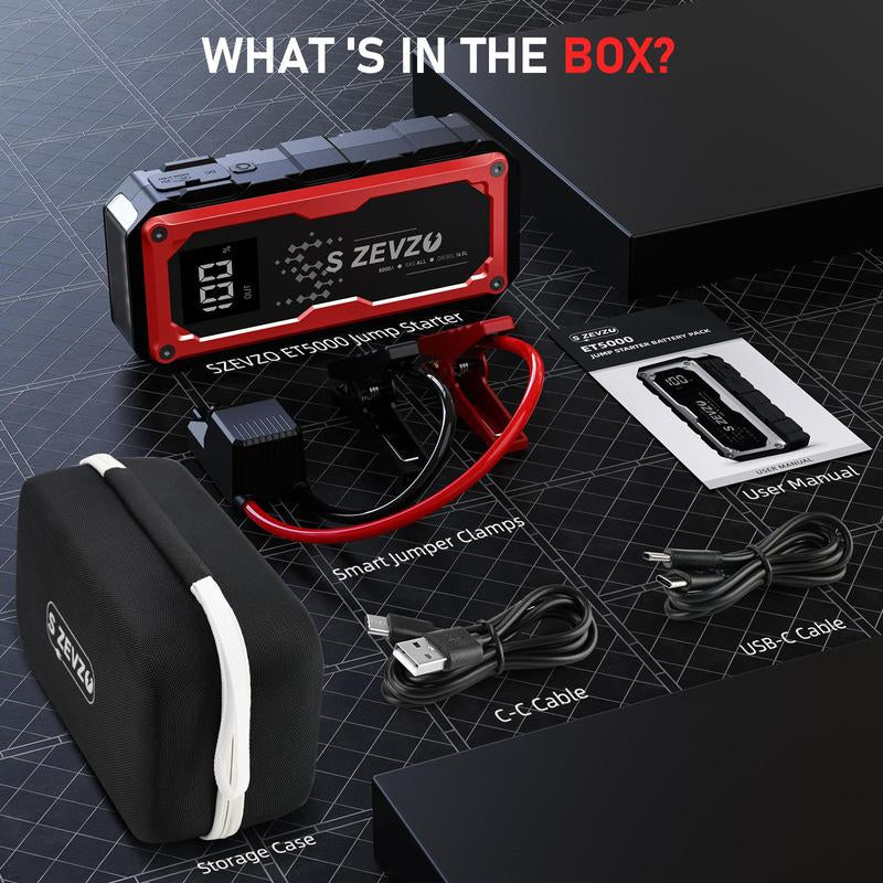 8000A Peak Portable Car Jump Starter with LED Light – Emergency Booster Battery Pack, Power Bank, Wireless Charging, Car Battery Jump Starter Tool