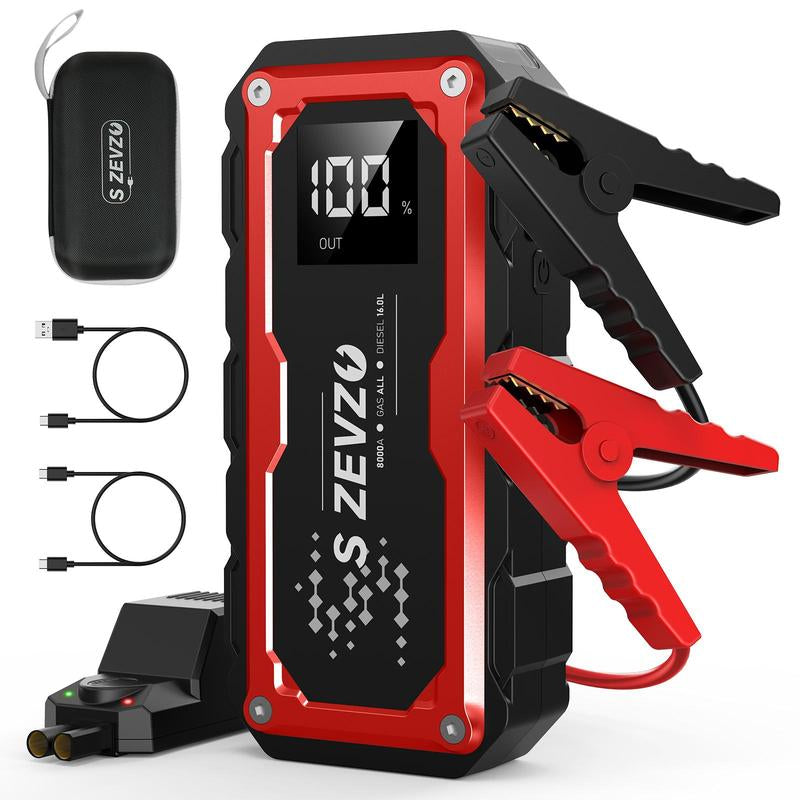 8000A Peak Portable Car Jump Starter with LED Light – Emergency Booster Battery Pack, Power Bank, Wireless Charging, Car Battery Jump Starter Tool