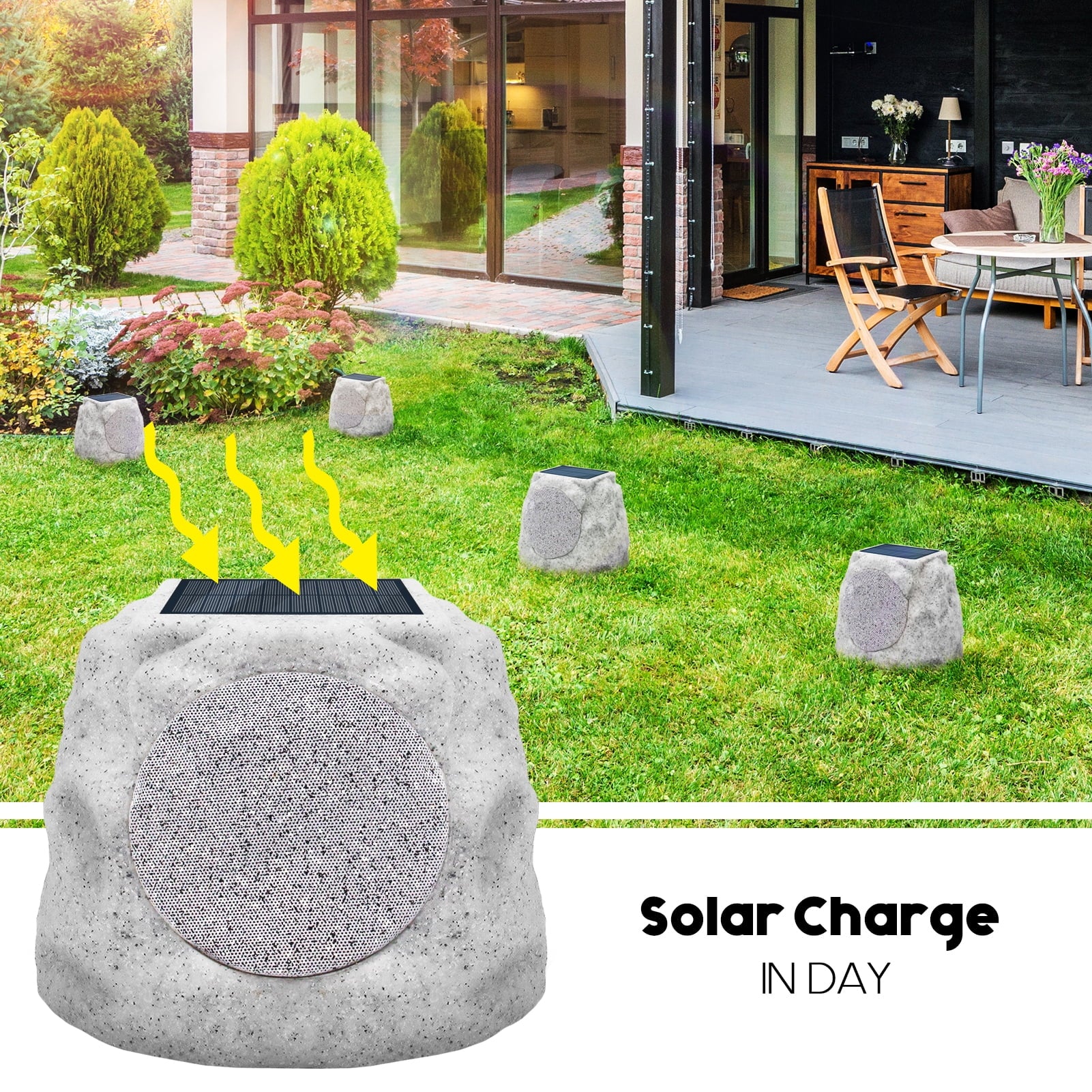 Rock Speakers Outdoor Waterproof Bluetooth Wireless Solar Powered Rock Speaker System Rechargeable with Lights&Tws Pair Function for Patio outside Garden Deck Yard BBQ