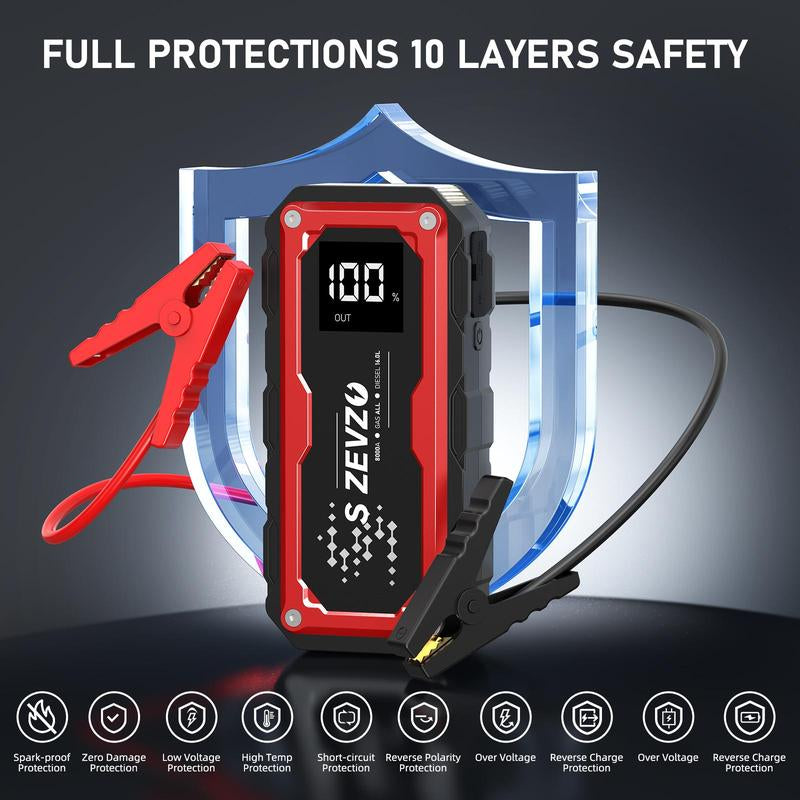 8000A Peak Portable Car Jump Starter with LED Light – Emergency Booster Battery Pack, Power Bank, Wireless Charging, Car Battery Jump Starter Tool​