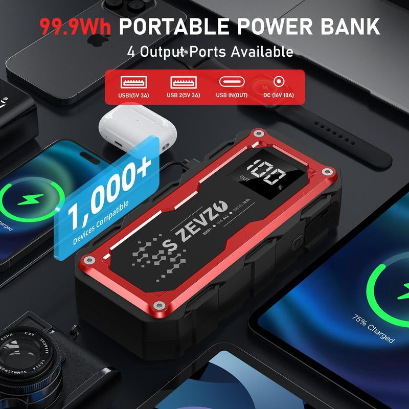 8000A Peak Portable Car Jump Starter with LED Light – Emergency Booster Battery Pack, Power Bank, Wireless Charging, Car Battery Jump Starter Tool​