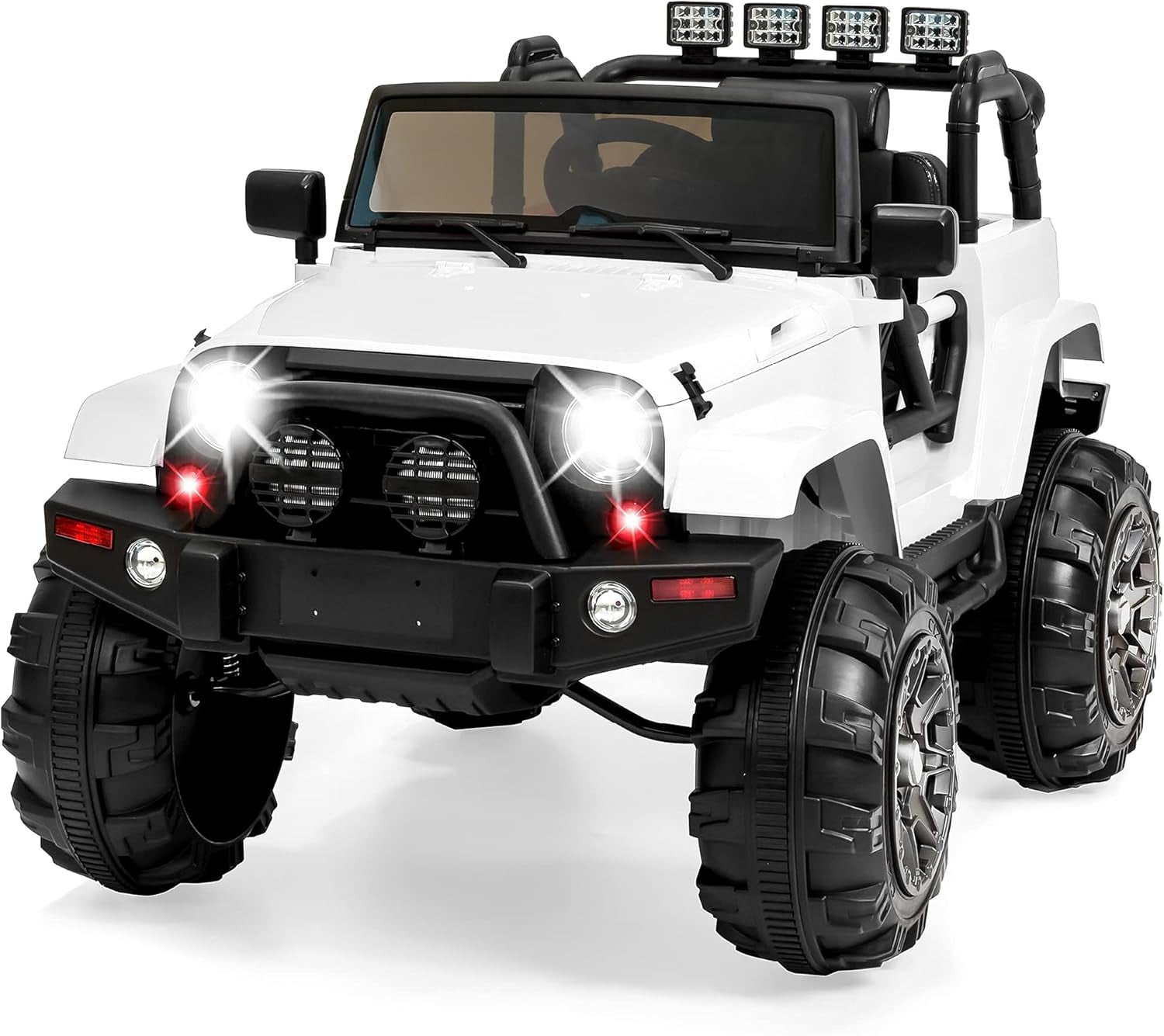 Kids 12V Ride on Truck, Battery Powered Toy Car W/Spring Suspension, Remote Control, 3 Speeds, LED Lights, Bluetooth - White