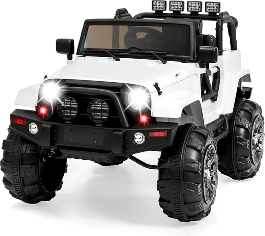 Kids 12V Ride on Truck, Battery Powered Toy Car W/Spring Suspension, Remote Control, 3 Speeds, LED Lights, Bluetooth - White