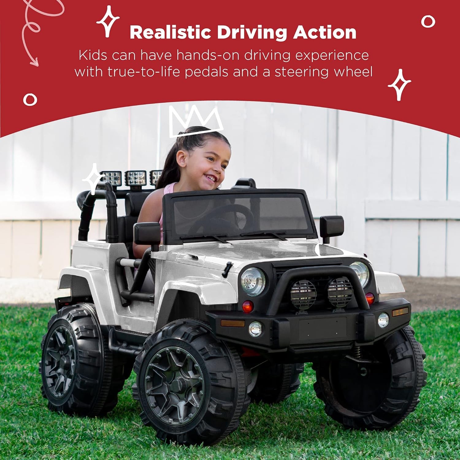 Kids 12V Ride on Truck, Battery Powered Toy Car W/Spring Suspension, Remote Control, 3 Speeds, LED Lights, Bluetooth - White