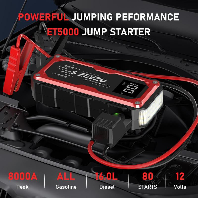 8000A Peak Portable Car Jump Starter with LED Light – Emergency Booster Battery Pack, Power Bank, Wireless Charging, Car Battery Jump Starter Tool​
