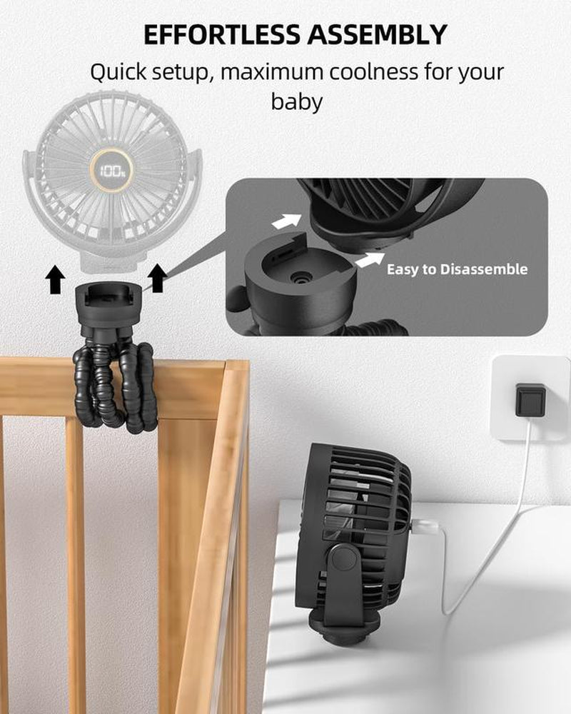 [New Deal] Portable Stroller Fan, Small Battery Powered Cooler with 360° Rotation, Rechargeable Mini Personal Stroller Accessory for Car, Bike,