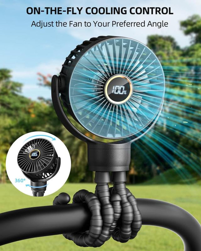 [New Deal] Portable Stroller Fan, Small Battery Powered Cooler with 360° Rotation, Rechargeable Mini Personal Stroller Accessory for Car, Bike,