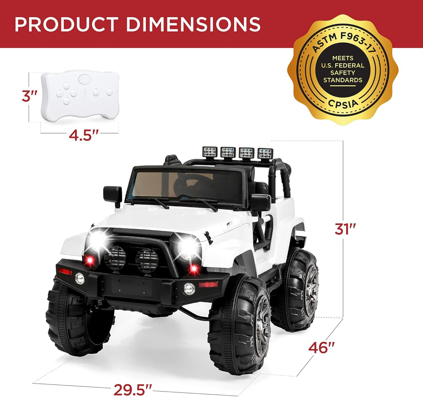 Kids 12V Ride on Truck, Battery Powered Toy Car W/Spring Suspension, Remote Control, 3 Speeds, LED Lights, Bluetooth - White
