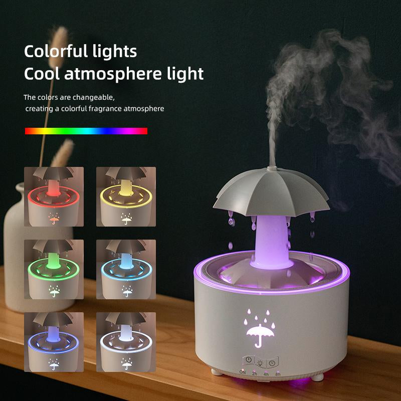 Rain Umbrella Humidifier & Aroma Diffuser with Soothing Rain Sounds, Water Drip Effect,7 Colors Mood Light, Timer and Auto-Off, Ldeal for Relaxation, Sleep,Home,Bedroom,Desk(White)