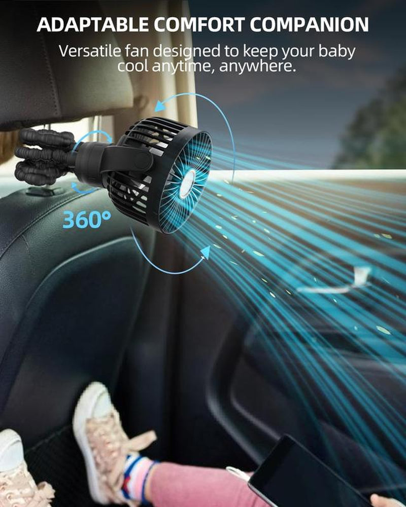 [New Deal] Portable Stroller Fan, Small Battery Powered Cooler with 360° Rotation, Rechargeable Mini Personal Stroller Accessory for Car, Bike,